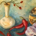 Martwa natura z czosnkiem i papryczkami chili